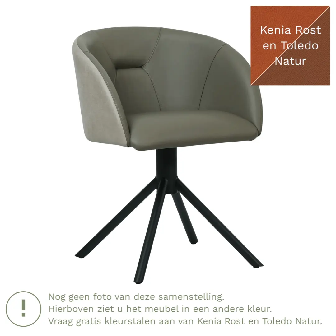 afbeelding van Leren draaibare eetkamerstoel Charm Duo - Kenia Rost en Toledo Natur - Spinpoot staal rond zwart