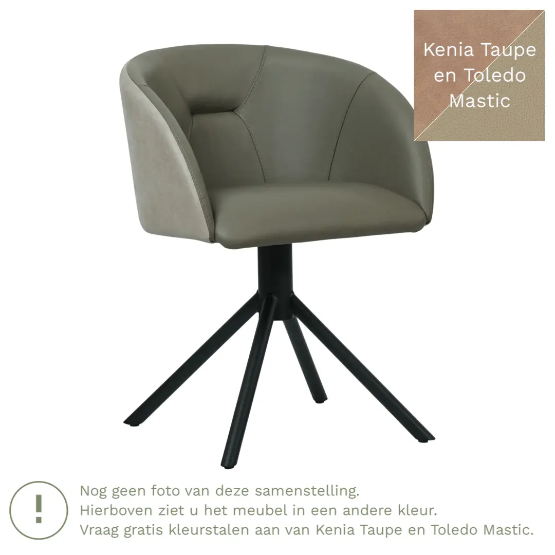 afbeelding van Leren draaibare eetkamerstoel Charm Duo - Kenia Taupe en Toledo Mastic - Spinpoot staal rond zwart