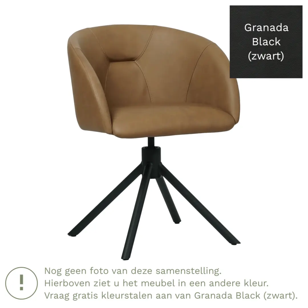 afbeelding van Leren draaibare eetkamerstoel Charm- Granada Black (zwart) - Spinpoot staal rond zwart