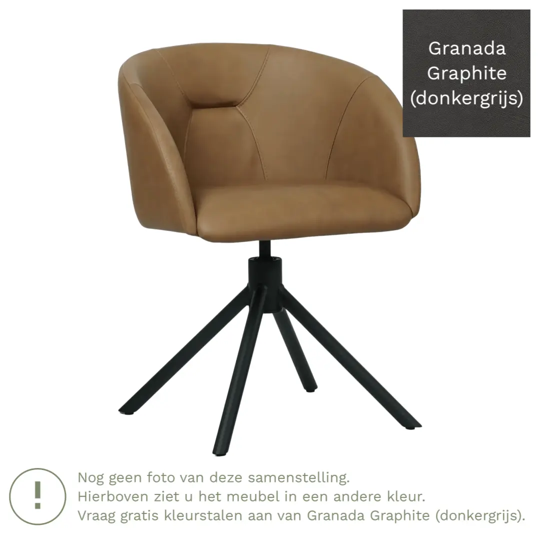 afbeelding van Leren draaibare eetkamerstoel Charm- Granada Graphite (donkergrijs) - Spinpoot staal rond zwart