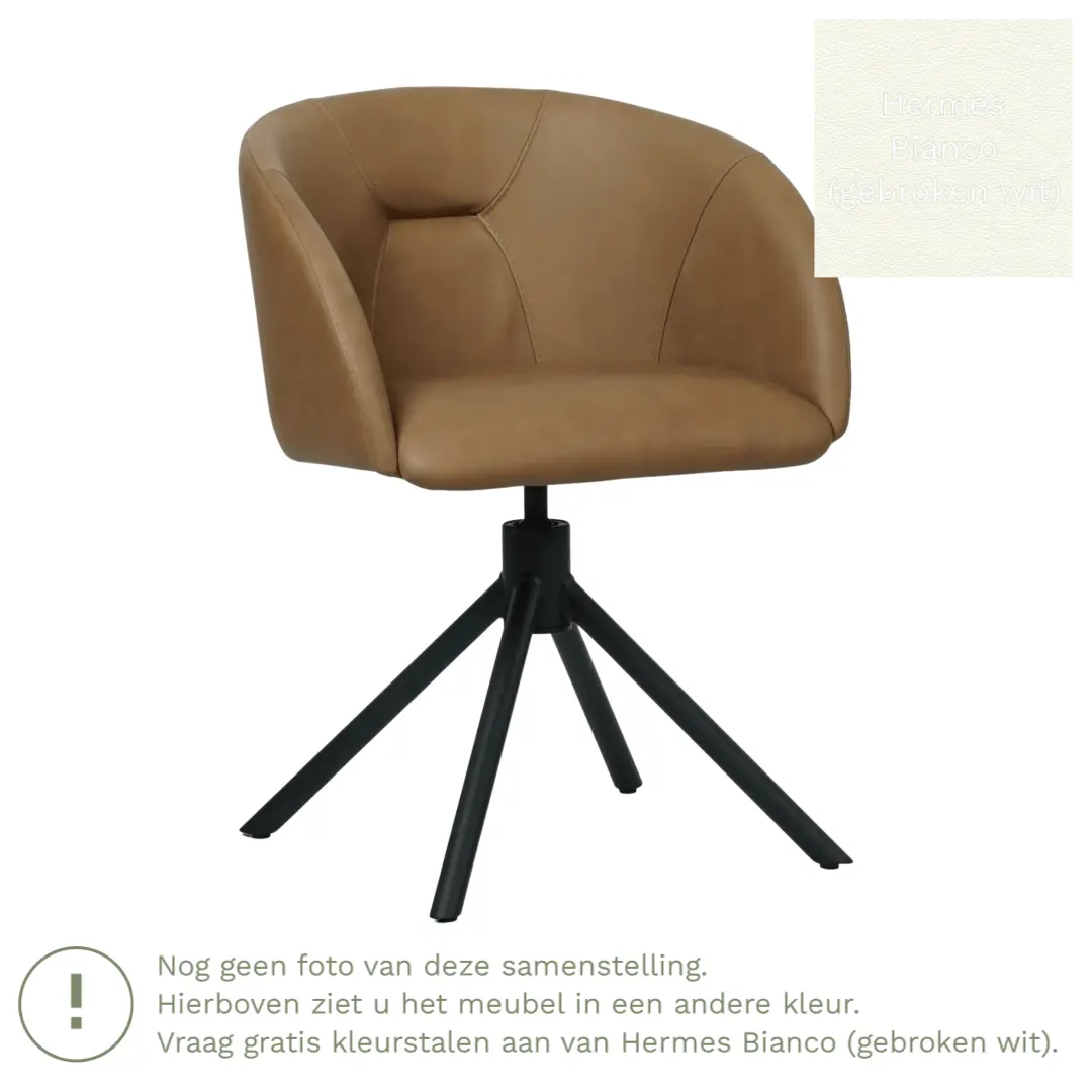 afbeelding van Leren draaibare eetkamerstoel Charm- Hermes Bianco (gebroken wit) - Spinpoot staal rond zwart