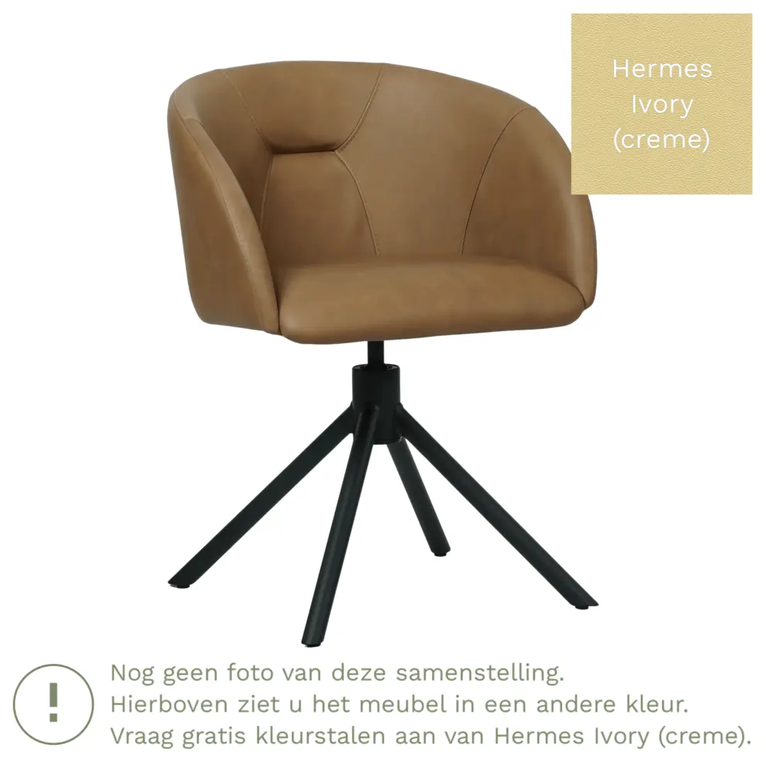 afbeelding van Leren draaibare eetkamerstoel Charm- Hermes Ivory (crème) - Spinpoot staal rond zwart