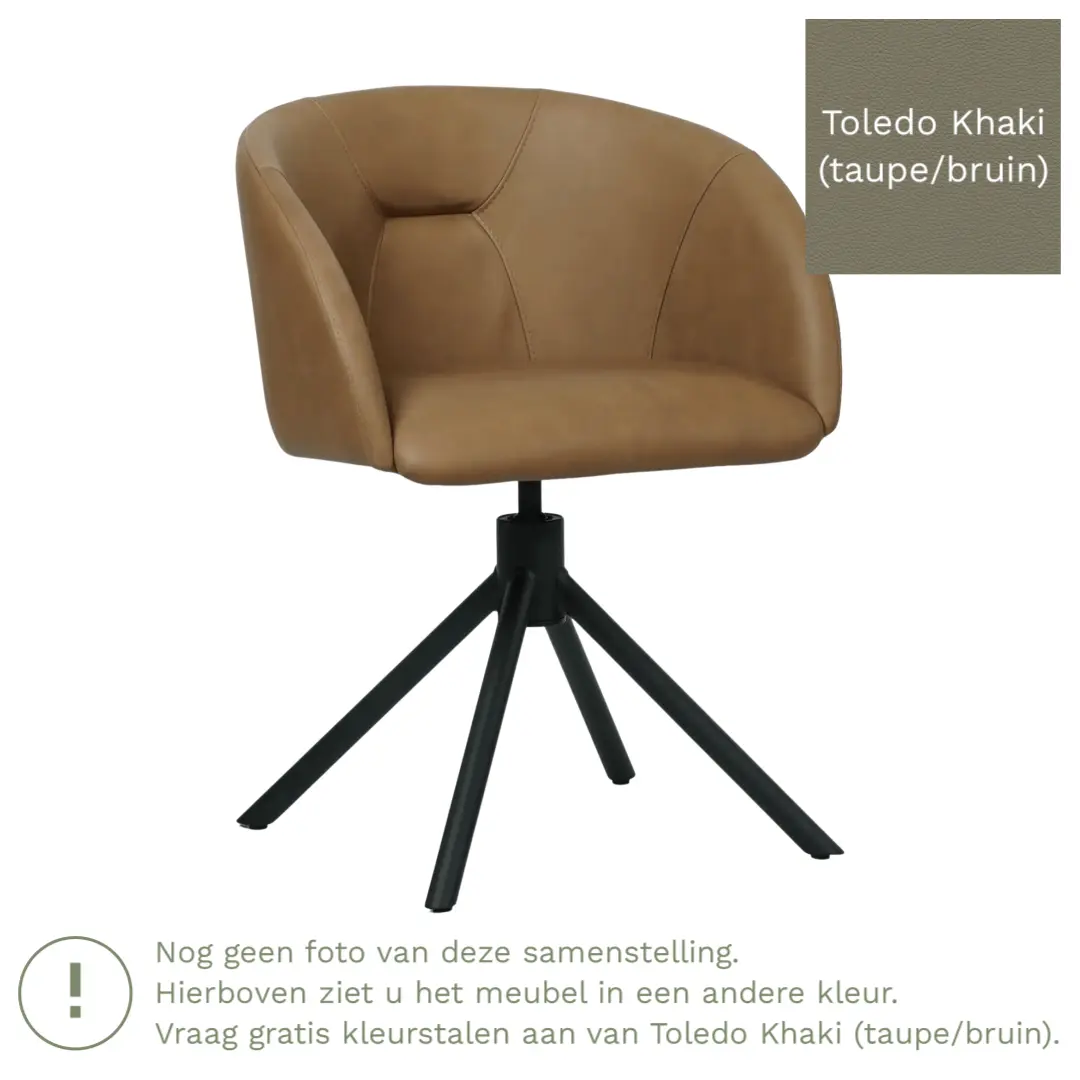 afbeelding van Leren draaibare eetkamerstoel Charm- Toledo Khaki (taupe/bruin) - Spinpoot staal rond zwart