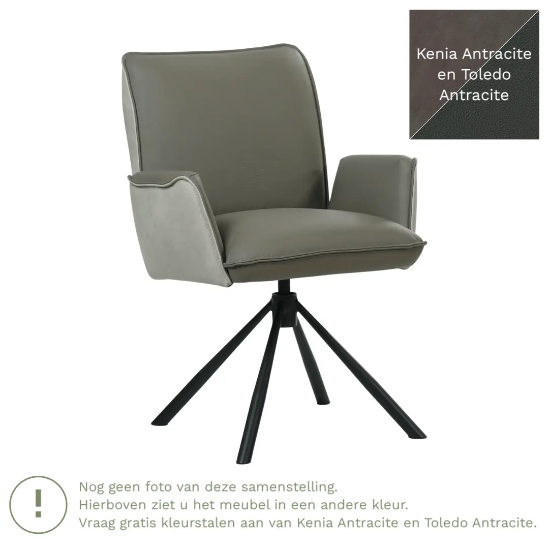 afbeelding van Leren draaibare eetkamerstoel Elite Duo - Kenia Antracite en Toledo Antracite - Poten staal rond zwart