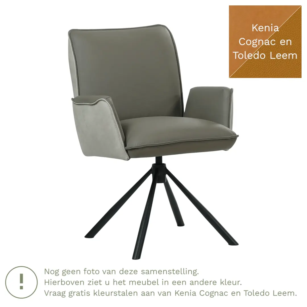 afbeelding van Leren draaibare eetkamerstoel Elite Duo - Kenia Cognac en Toledo Leem - Poten staal rond zwart