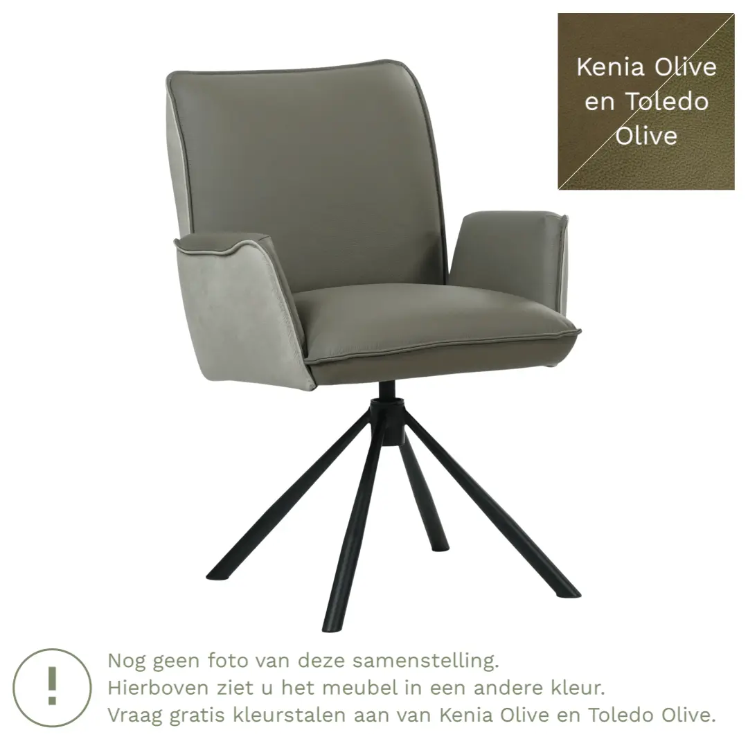 afbeelding van Leren draaibare eetkamerstoel Elite Duo - Kenia Olive en Toledo Olive - Poten staal rond zwart