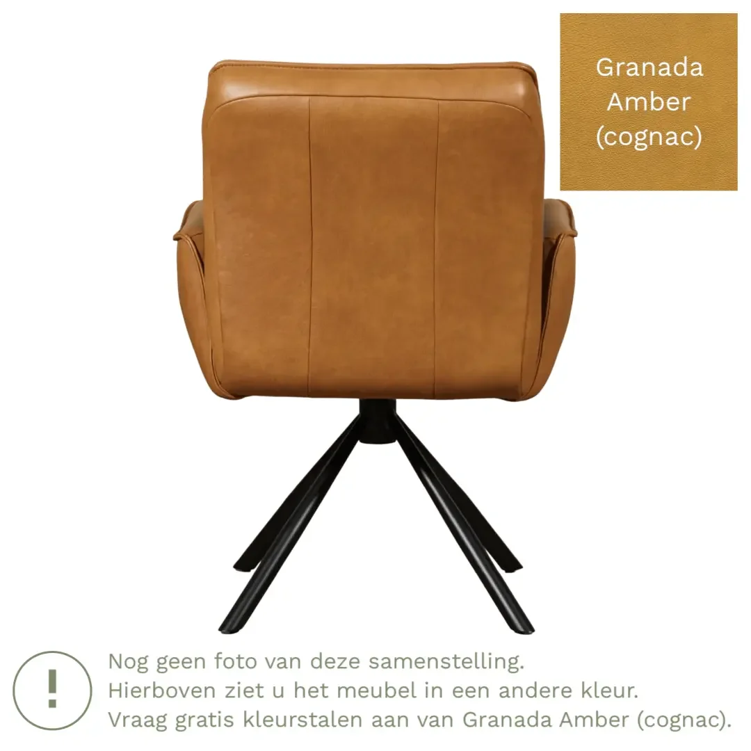 afbeelding van Leren draaibare eetkamerstoel Elite - Granada Amber (cognac) - Spinpoot staal rond zwart