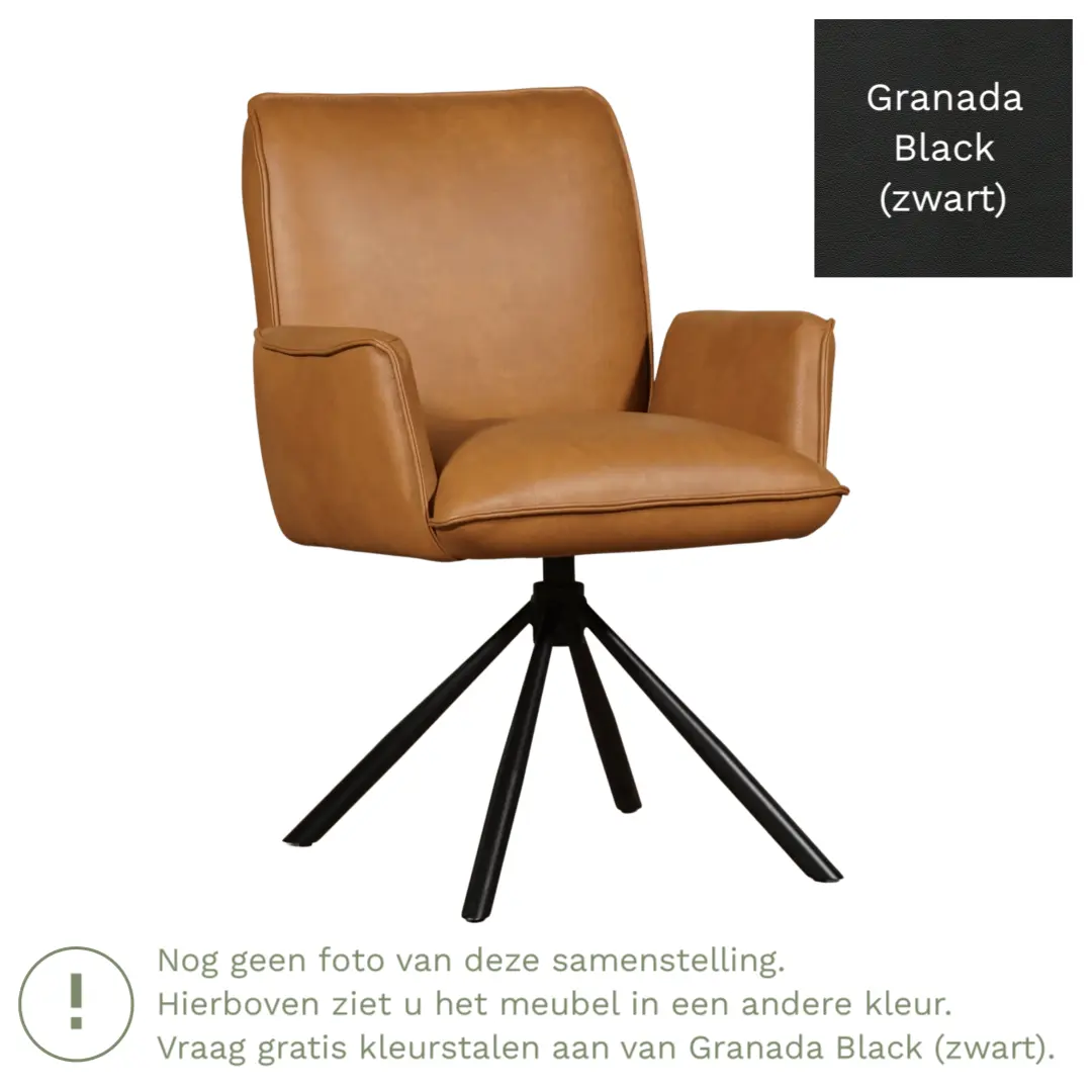 afbeelding van Leren draaibare eetkamerstoel Elite - Granada Black (zwart) - Spinpoot staal rond zwart