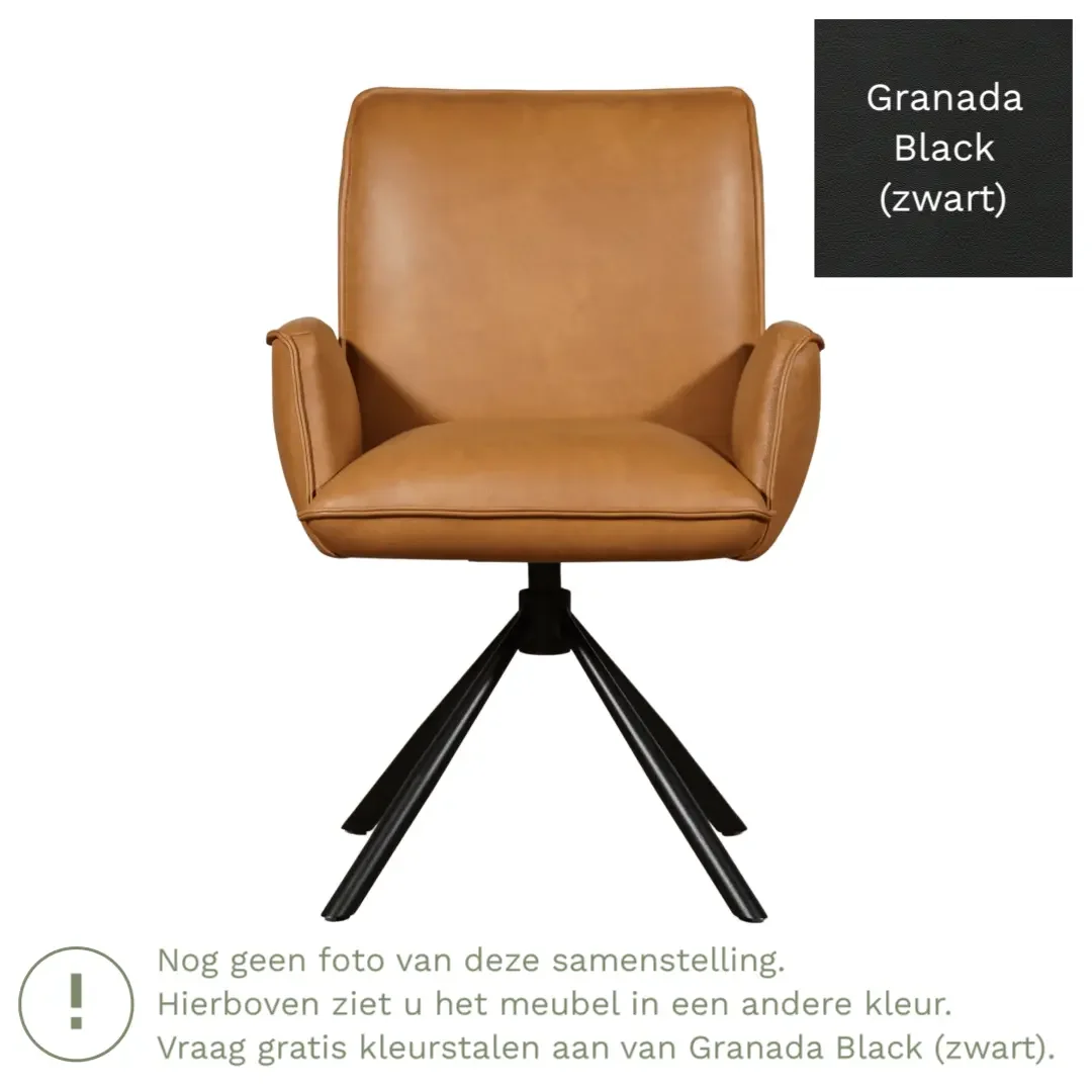 afbeelding van Leren draaibare eetkamerstoel Elite - Granada Black (zwart) - Spinpoot staal rond zwart