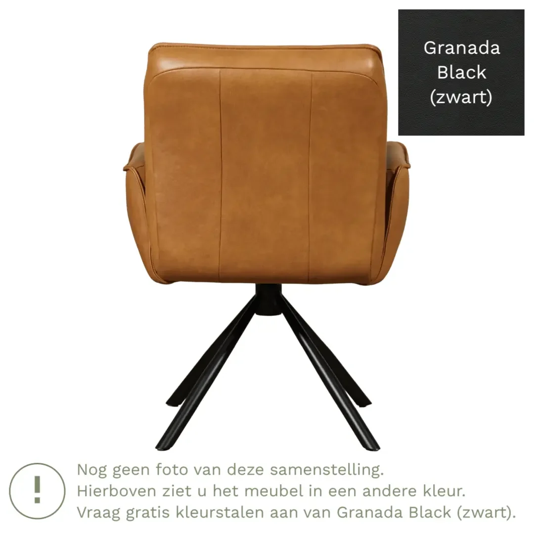 afbeelding van Leren draaibare eetkamerstoel Elite - Granada Black (zwart) - Spinpoot staal rond zwart