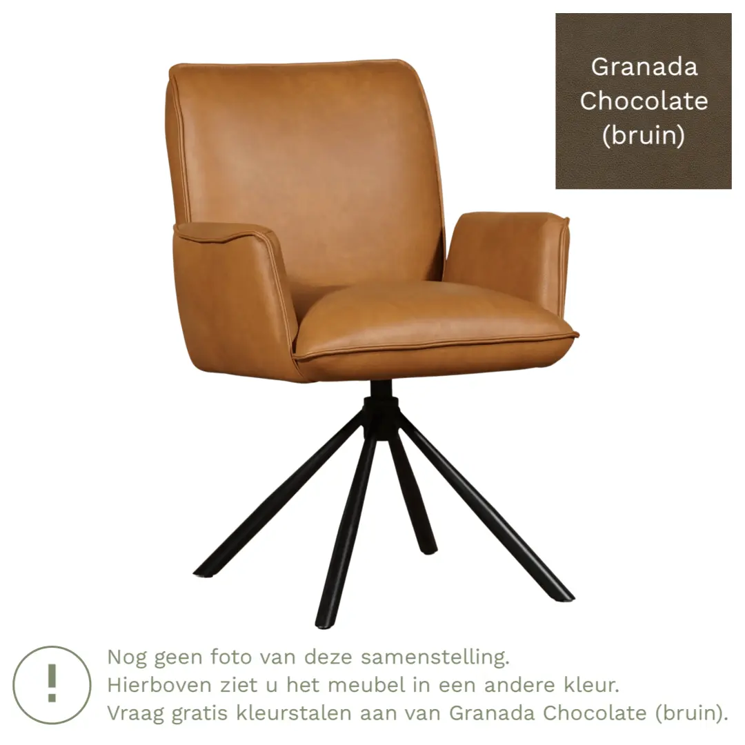 afbeelding van Leren draaibare eetkamerstoel Elite - Granada Chocolate (bruin) - Spinpoot staal rond zwart