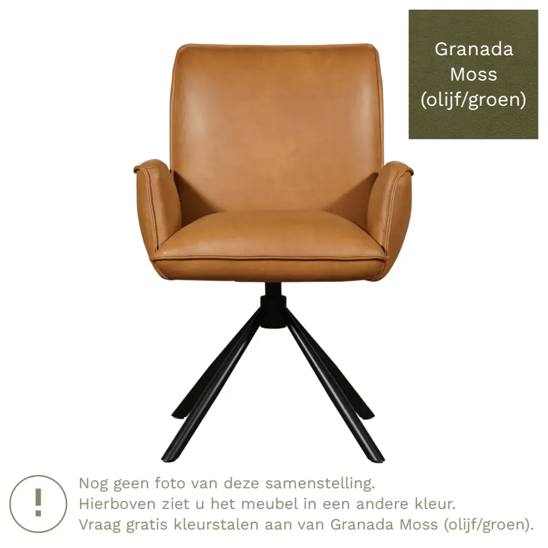afbeelding van Leren draaibare eetkamerstoel Elite - Granada Moss (olijf/groen) - Spinpoot staal rond zwart