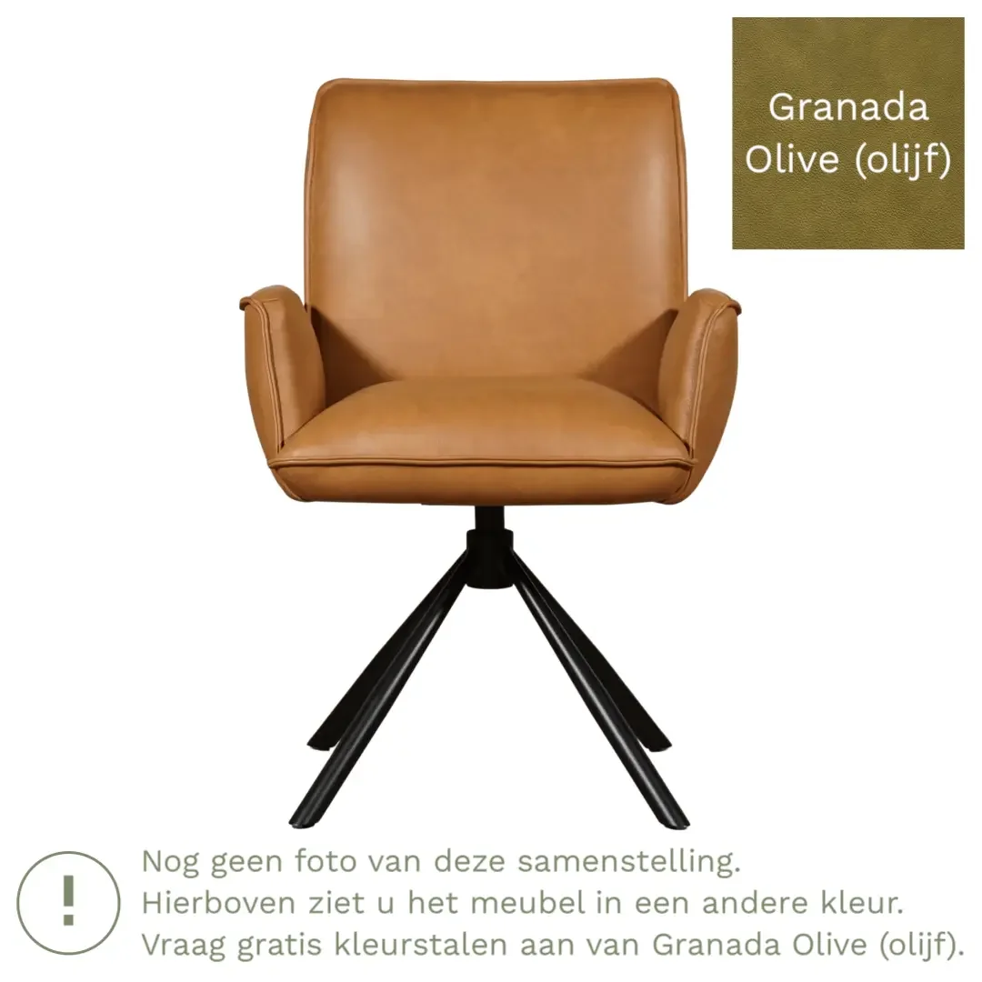 afbeelding van Leren draaibare eetkamerstoel Elite - Granada Olive (olijf) - Spinpoot staal rond zwart