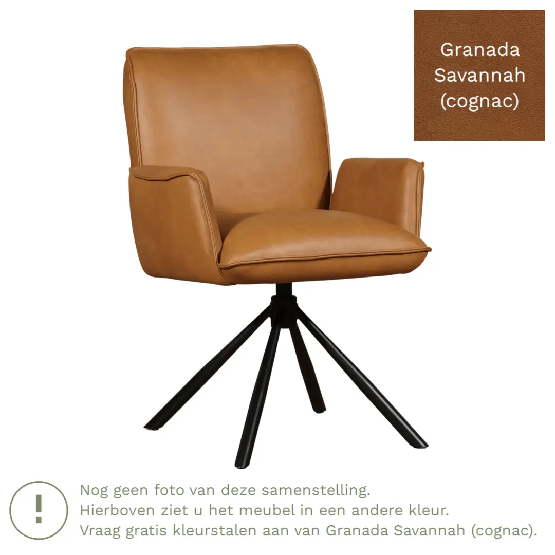 afbeelding van Leren draaibare eetkamerstoel Elite - Granada Savannah (cognac) - Spinpoot staal rond zwart