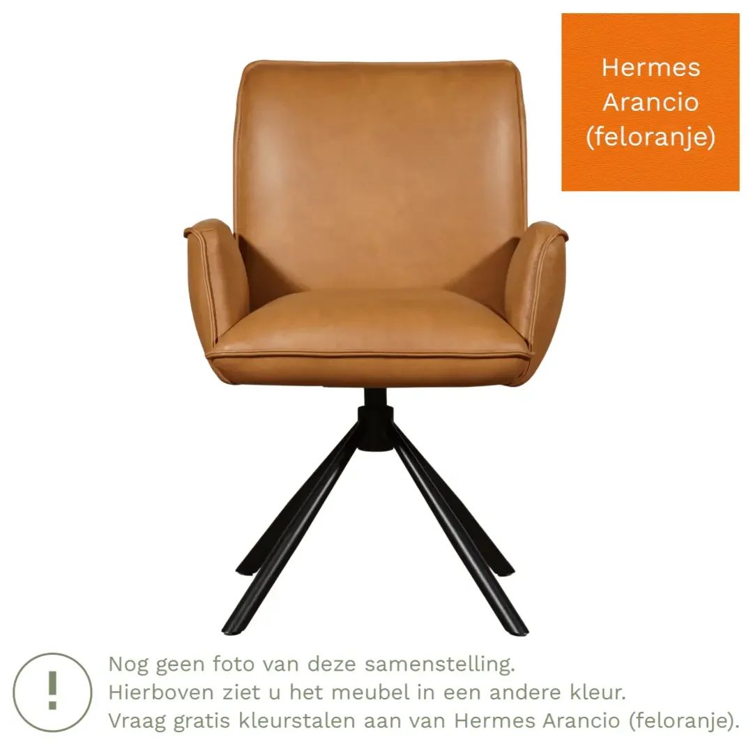 afbeelding van Leren draaibare eetkamerstoel Elite - Hermes Arancio (feloranje) - Spinpoot staal rond zwart