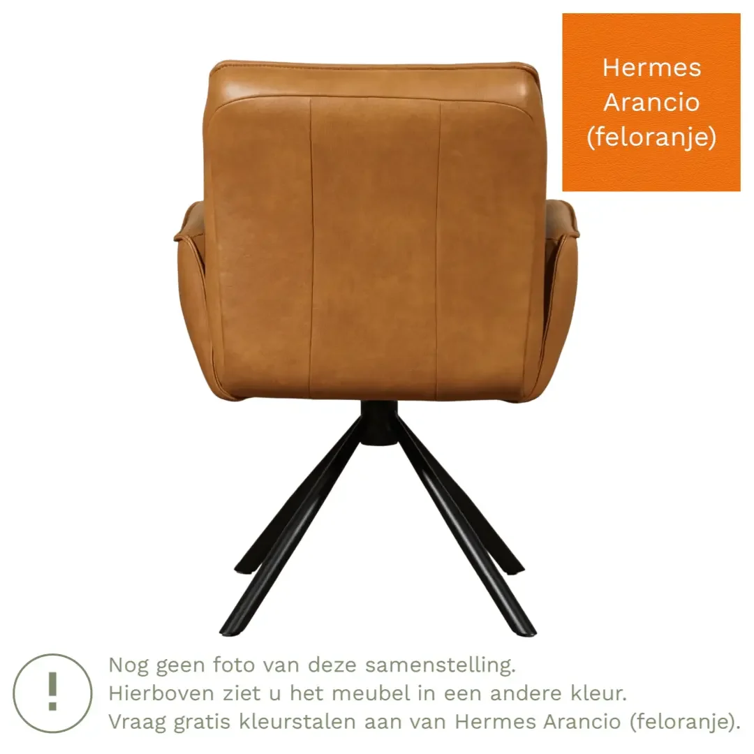 afbeelding van Leren draaibare eetkamerstoel Elite - Hermes Arancio (feloranje) - Spinpoot staal rond zwart