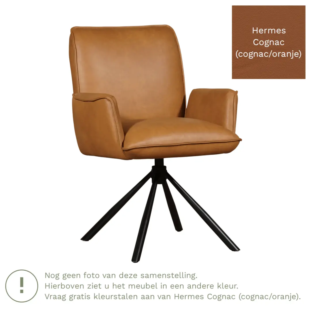 afbeelding van Leren draaibare eetkamerstoel Elite - Hermes Cognac (cognac/oranje) - Spinpoot staal rond zwart
