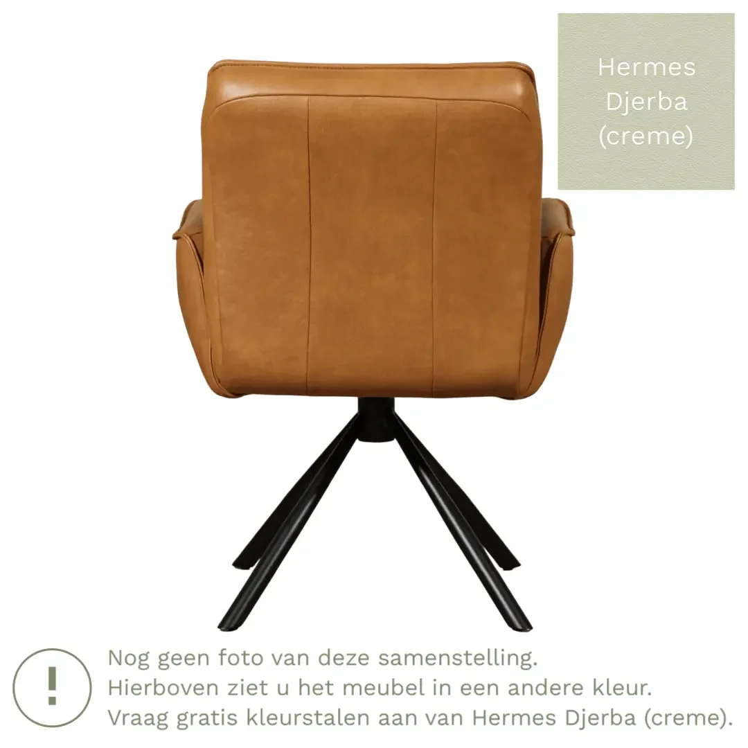 afbeelding van Leren draaibare eetkamerstoel Elite - Hermes Djerba (crème) - Spinpoot staal rond zwart