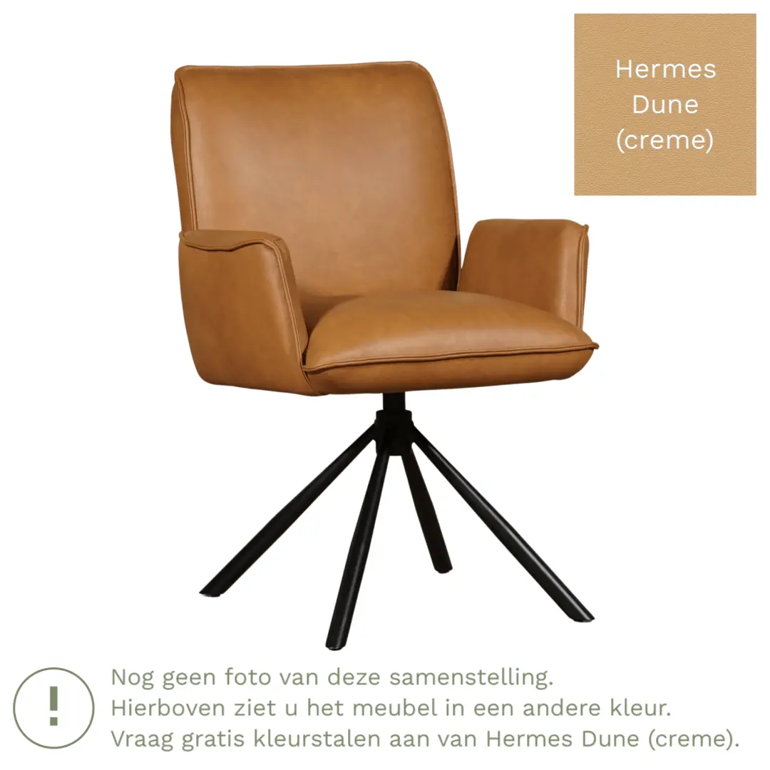 afbeelding van Leren draaibare eetkamerstoel Elite - Hermes Dune (crème) - Spinpoot staal rond zwart