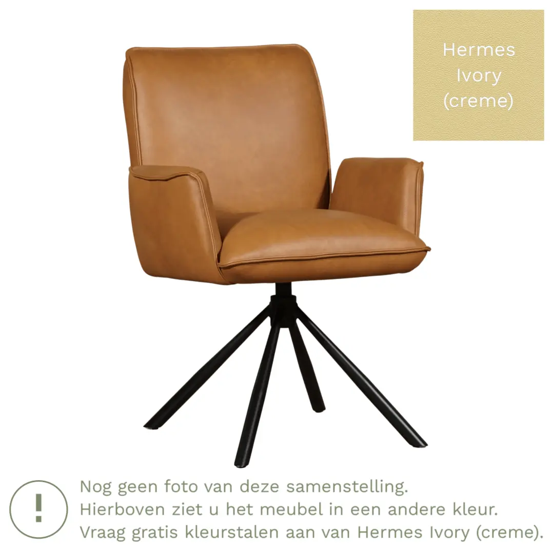 afbeelding van Leren draaibare eetkamerstoel Elite - Hermes Ivory (crème) - Spinpoot staal rond zwart