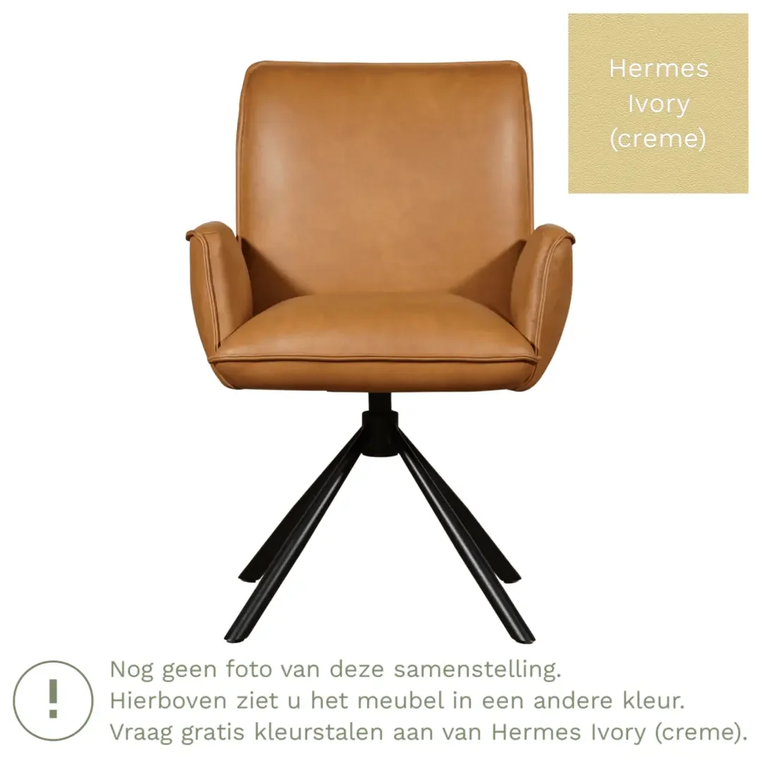 afbeelding van Leren draaibare eetkamerstoel Elite - Hermes Ivory (crème) - Spinpoot staal rond zwart