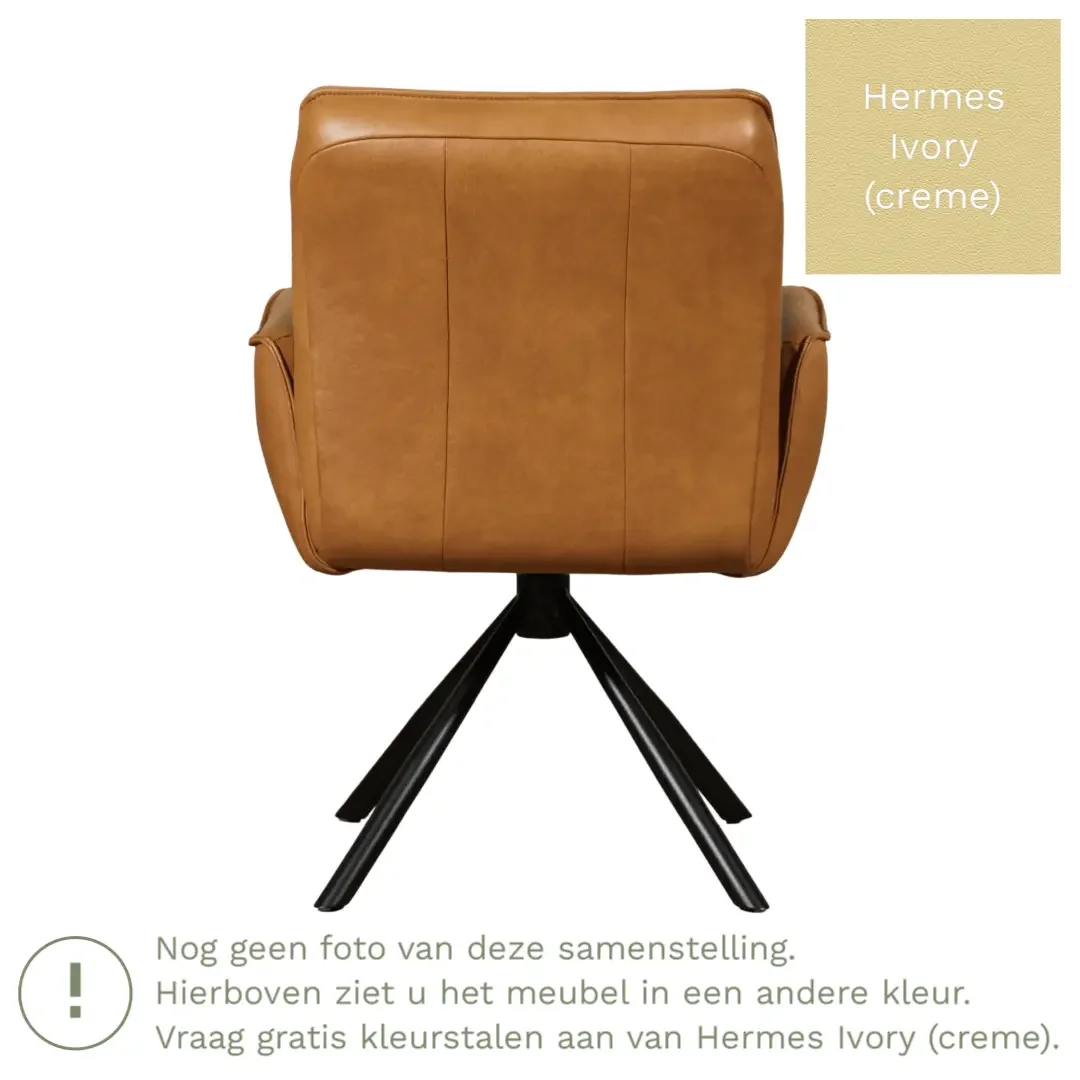 afbeelding van Leren draaibare eetkamerstoel Elite - Hermes Ivory (crème) - Spinpoot staal rond zwart