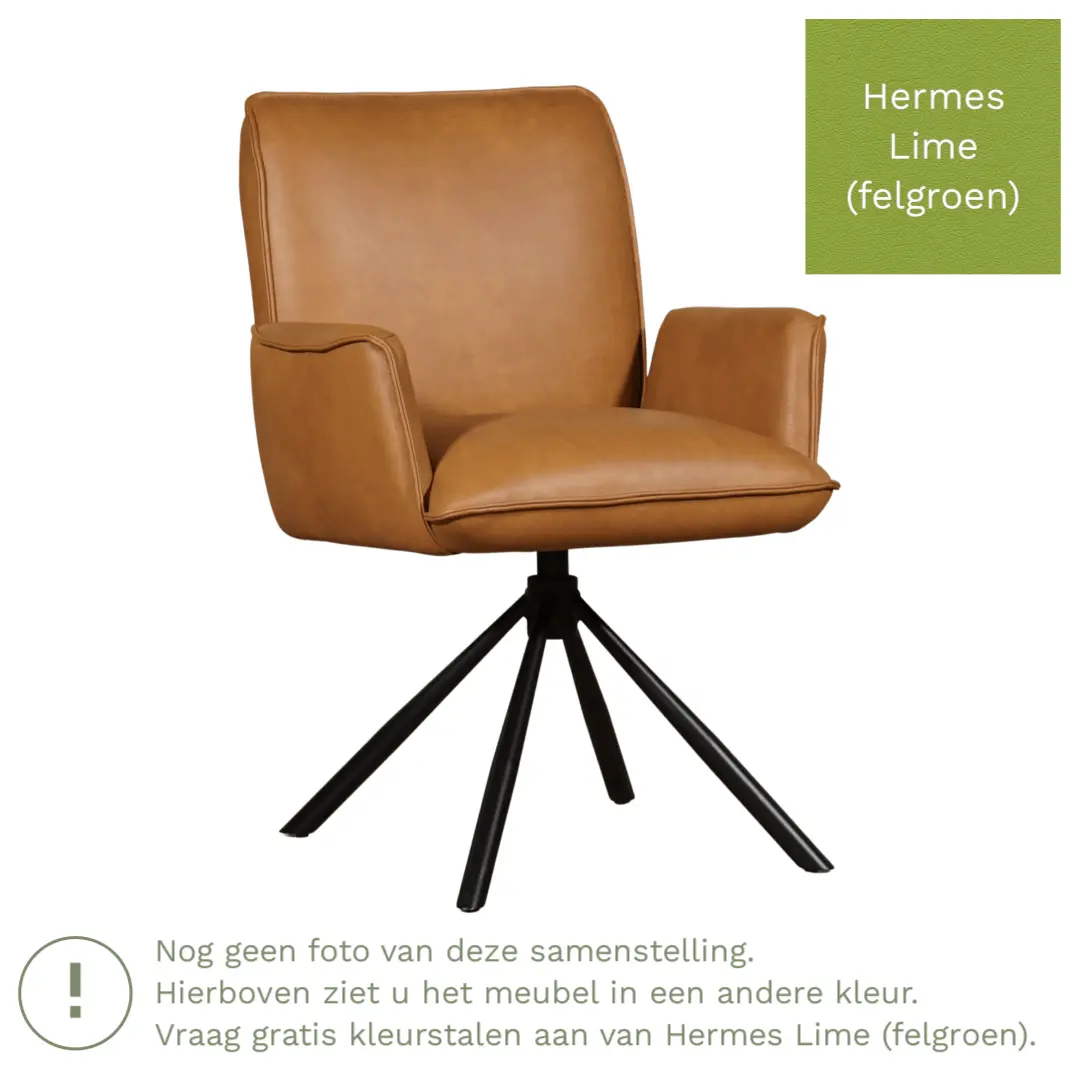 afbeelding van Leren draaibare eetkamerstoel Elite - Hermes Lime (felgroen) - Spinpoot staal rond zwart