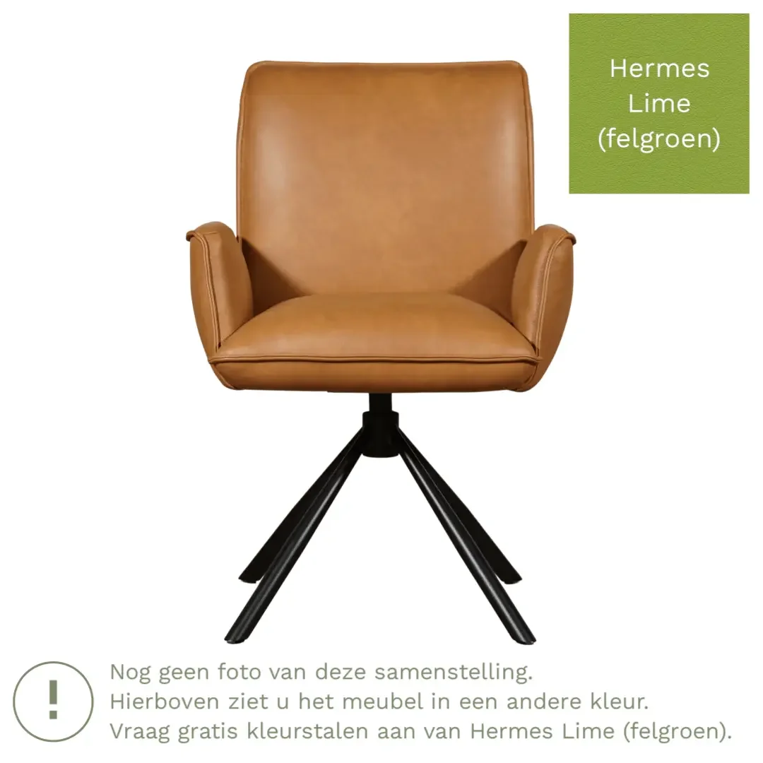 afbeelding van Leren draaibare eetkamerstoel Elite - Hermes Lime (felgroen) - Spinpoot staal rond zwart