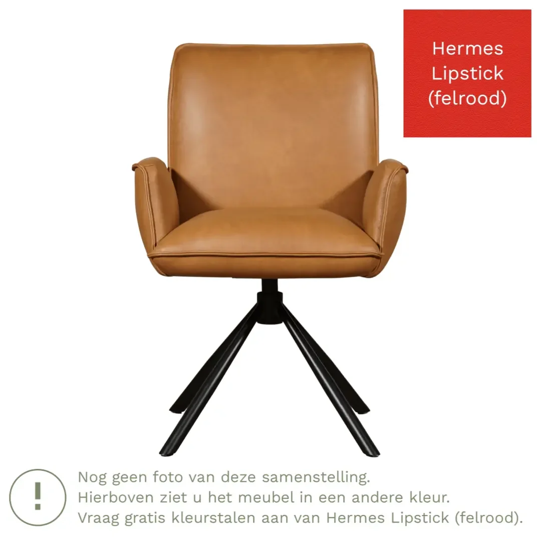 afbeelding van Leren draaibare eetkamerstoel Elite - Hermes Lipstick (felrood) - Spinpoot staal rond zwart
