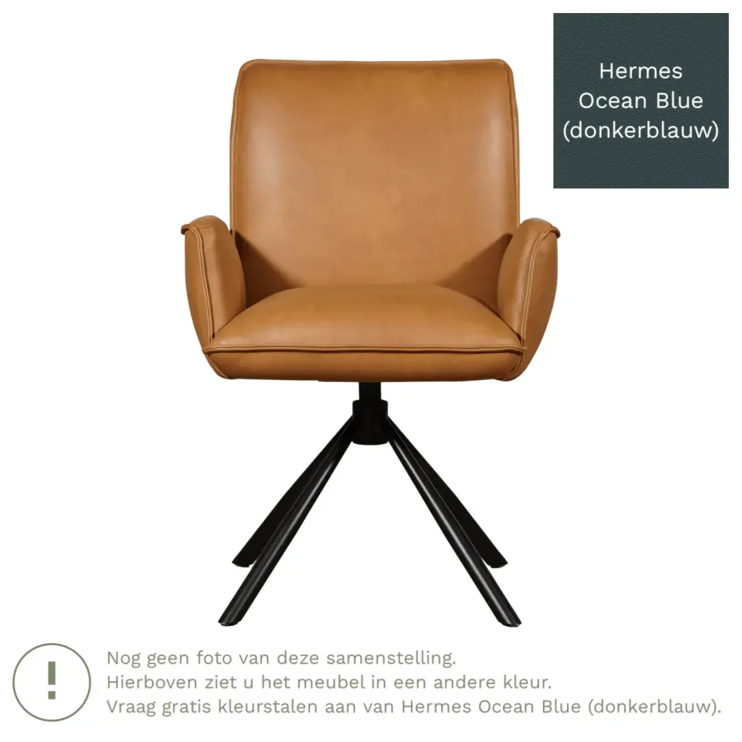 afbeelding van Leren draaibare eetkamerstoel Elite - Hermes Ocean Blue (donkerblauw) - Spinpoot staal rond zwart
