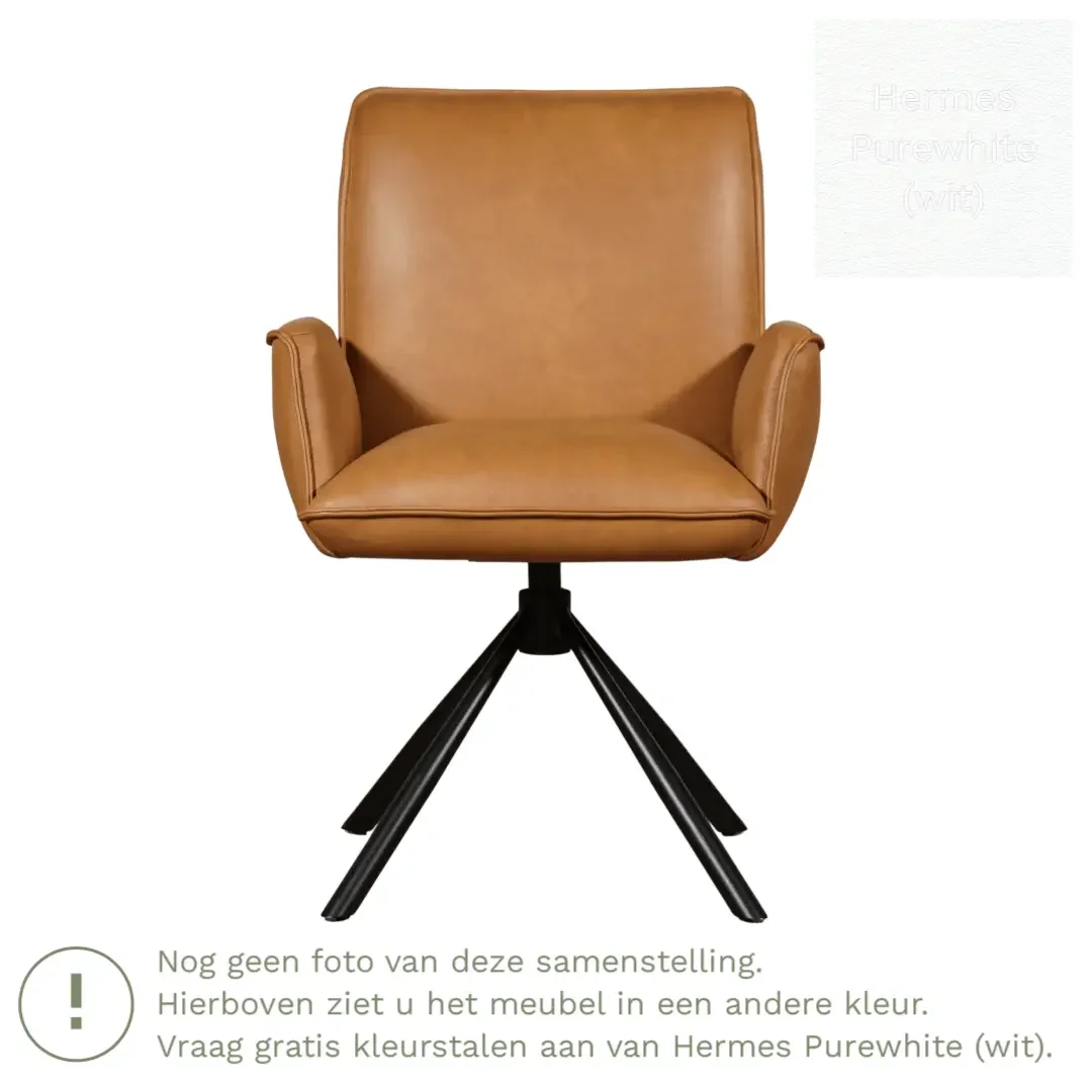 afbeelding van Leren draaibare eetkamerstoel Elite - Hermes Purewhite (wit) - Spinpoot staal rond zwart