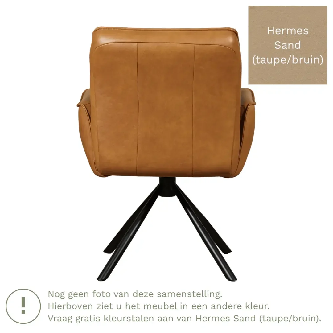 afbeelding van Leren draaibare eetkamerstoel Elite - Hermes Sand (taupe/bruin) - Spinpoot staal rond zwart