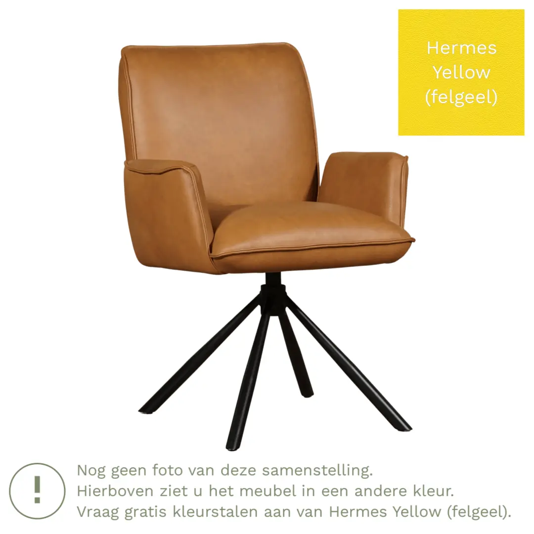 afbeelding van Leren draaibare eetkamerstoel Elite - Hermes Yellow (felgeel) - Spinpoot staal rond zwart