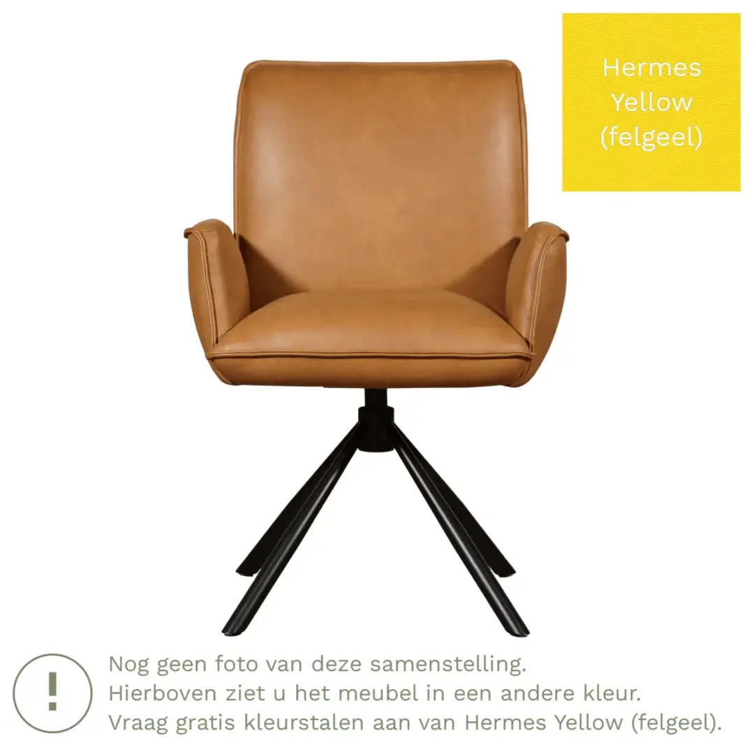 afbeelding van Leren draaibare eetkamerstoel Elite - Hermes Yellow (felgeel) - Spinpoot staal rond zwart