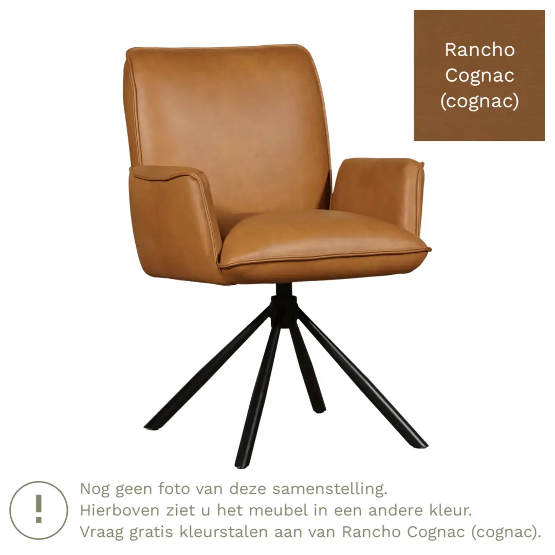 afbeelding van Leren draaibare eetkamerstoel Elite - Rancho Cognac (cognac) - Spinpoot staal rond zwart
