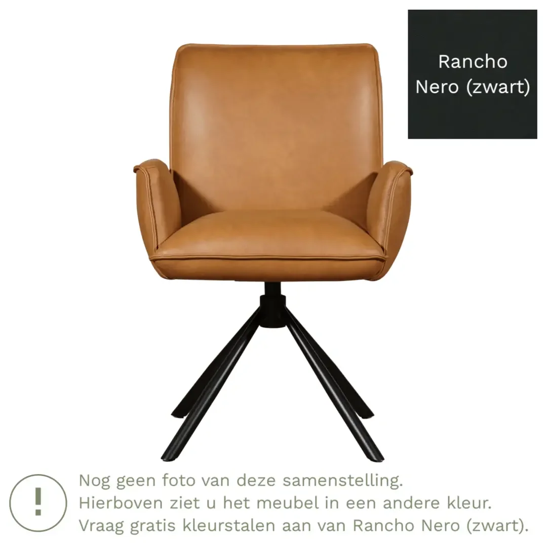 afbeelding van Leren draaibare eetkamerstoel Elite - Rancho Nero (zwart) - Spinpoot staal rond zwart