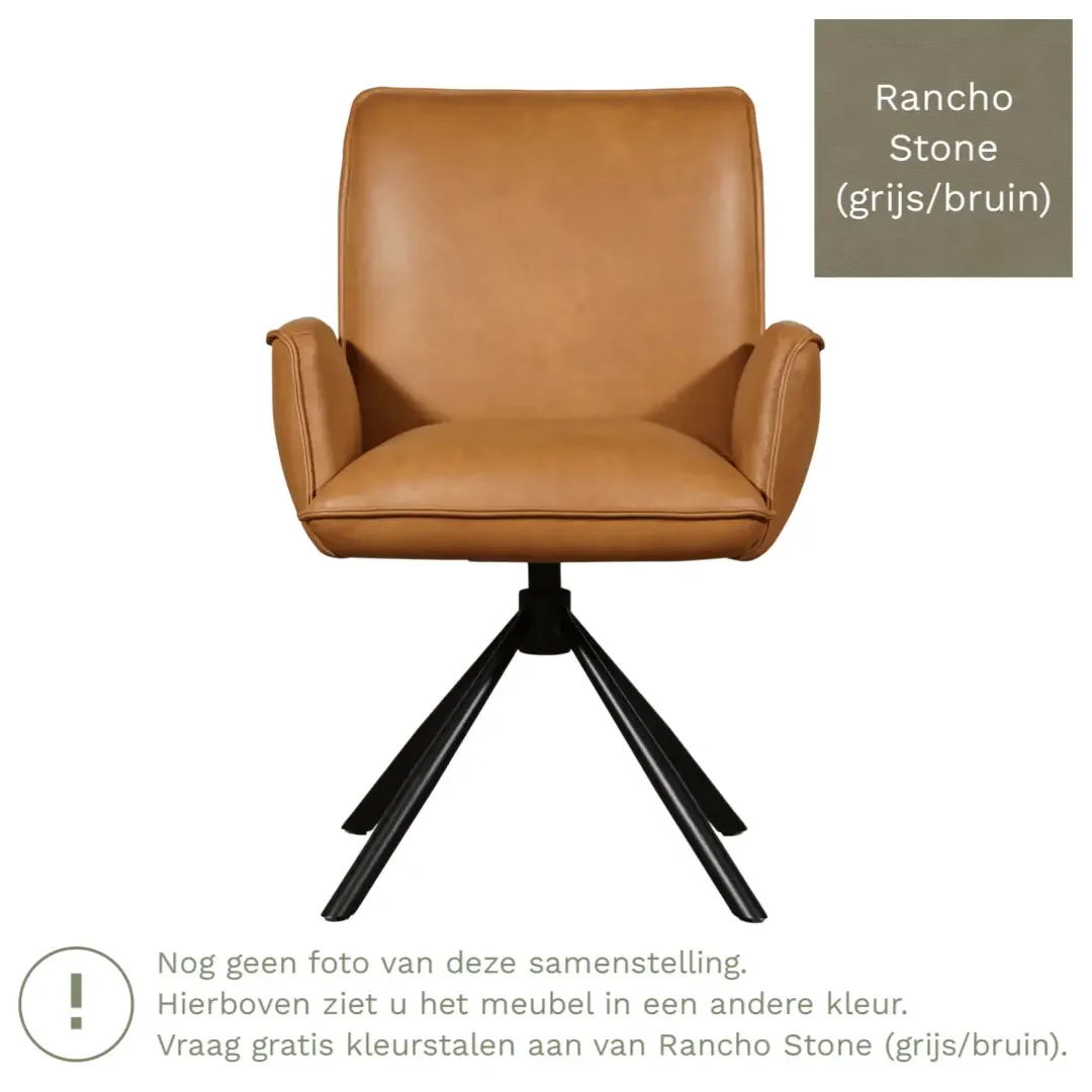 afbeelding van Leren draaibare eetkamerstoel Elite - Rancho Stone (grijs/bruin) - Spinpoot staal rond zwart