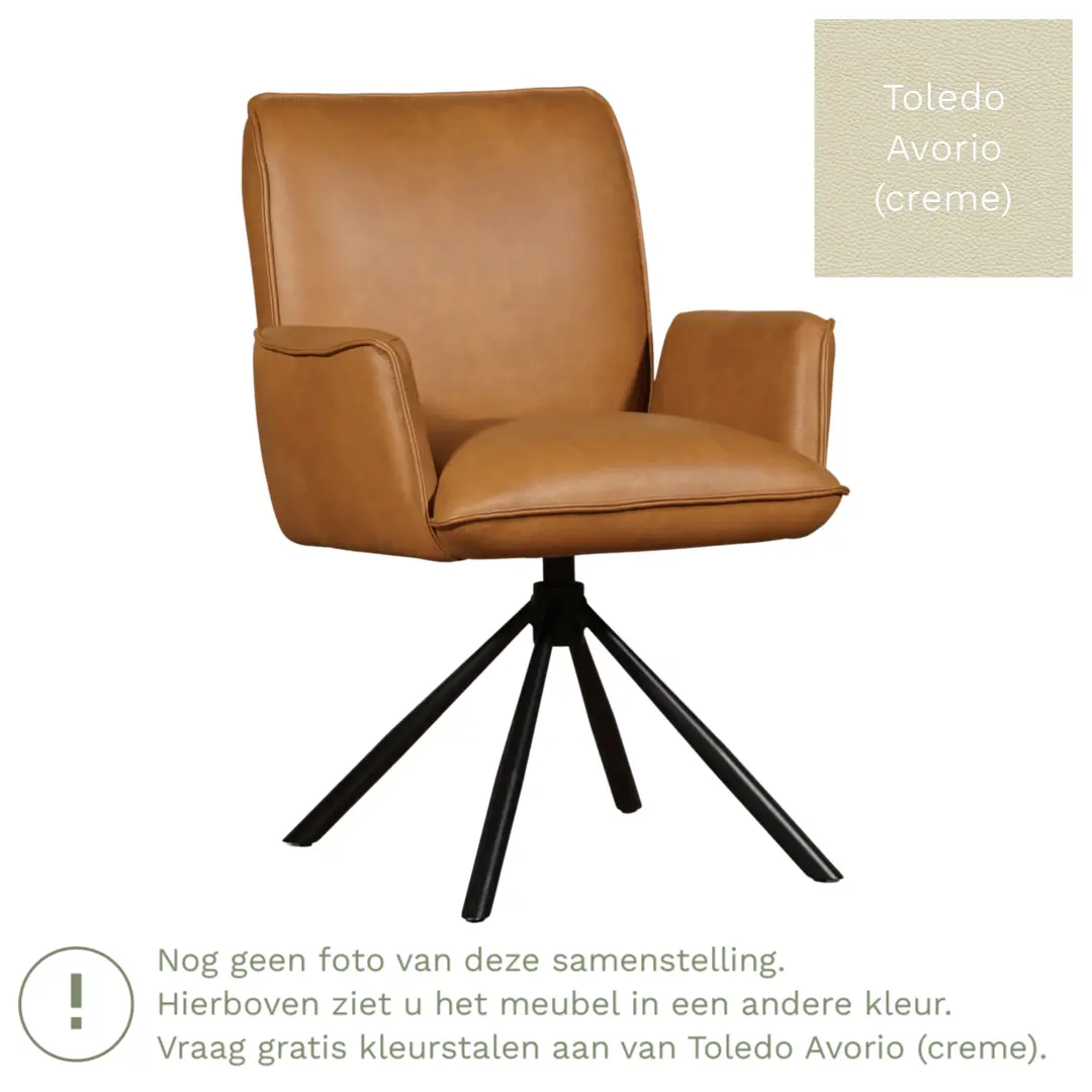afbeelding van Leren draaibare eetkamerstoel Elite - Toledo Avorio (crème) - Spinpoot staal rond zwart