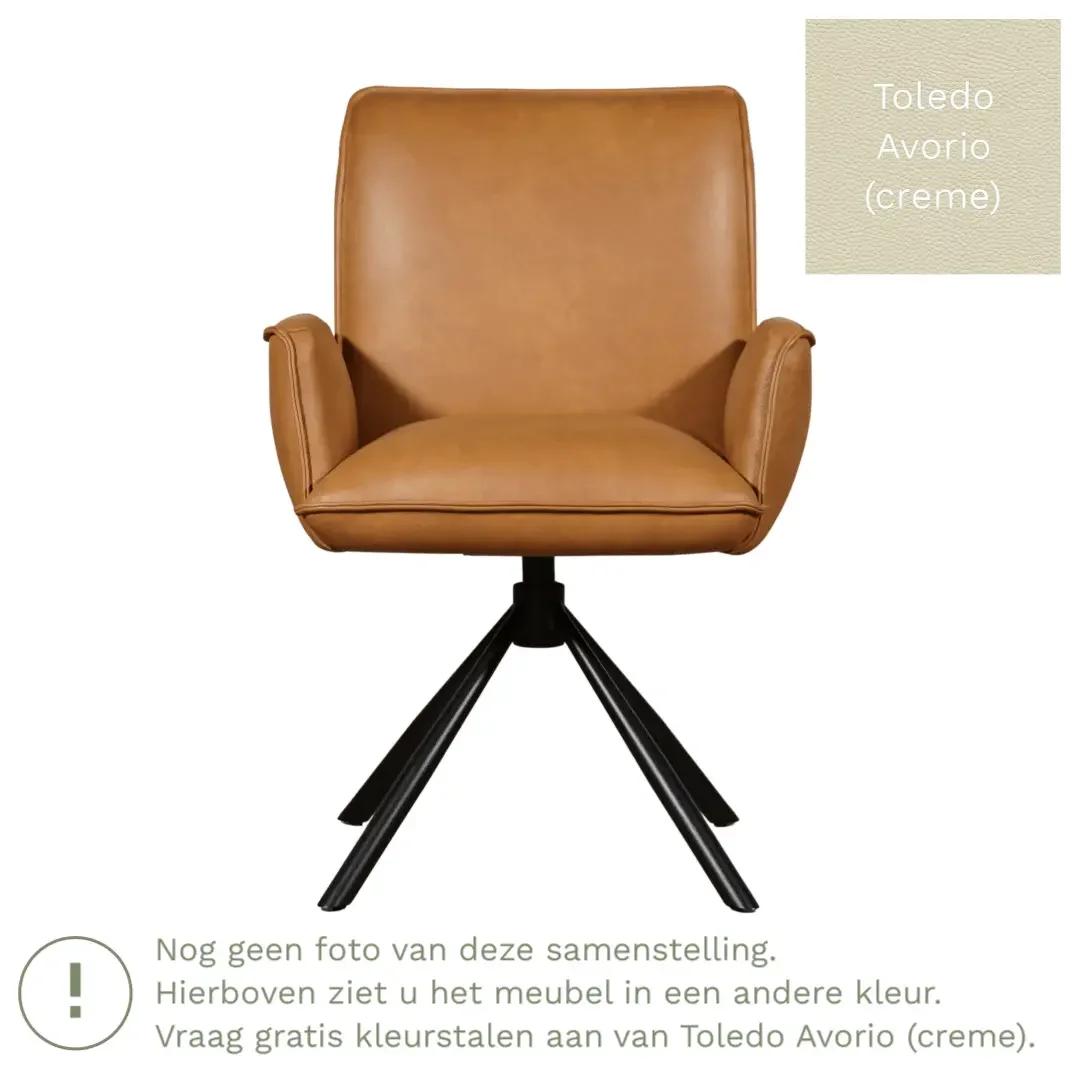 afbeelding van Leren draaibare eetkamerstoel Elite - Toledo Avorio (crème) - Spinpoot staal rond zwart