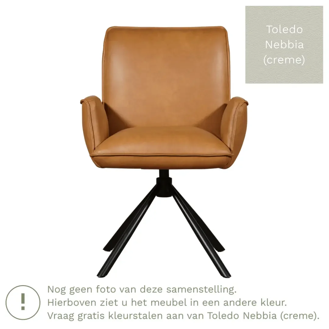 afbeelding van Leren draaibare eetkamerstoel Elite - Toledo Nebbia (crème) - Spinpoot staal rond zwart