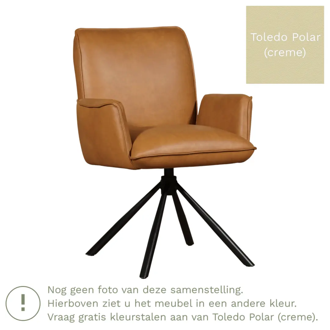 afbeelding van Leren draaibare eetkamerstoel Elite - Toledo Polar (crème) - Spinpoot staal rond zwart