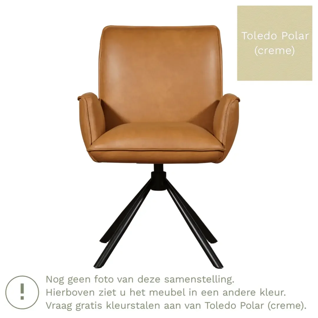 afbeelding van Leren draaibare eetkamerstoel Elite - Toledo Polar (crème) - Spinpoot staal rond zwart