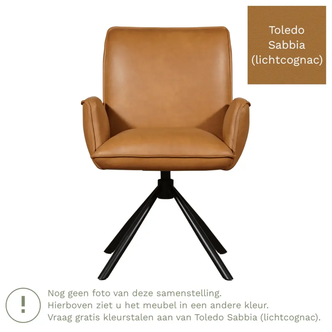 afbeelding van Leren draaibare eetkamerstoel Elite - Toledo Sabbia (lichtcognac) - Spinpoot staal rond zwart