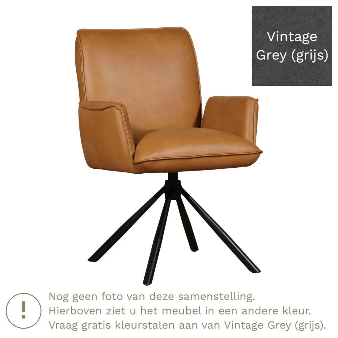 afbeelding van Leren draaibare eetkamerstoel Elite - Vintage Grey (grijs) - Spinpoot staal rond zwart