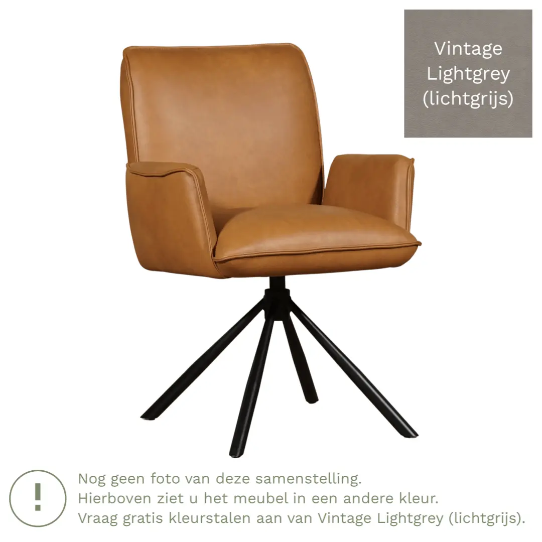 afbeelding van Leren draaibare eetkamerstoel Elite - Vintage Lightgrey (lichtgrijs) - Spinpoot staal rond zwart