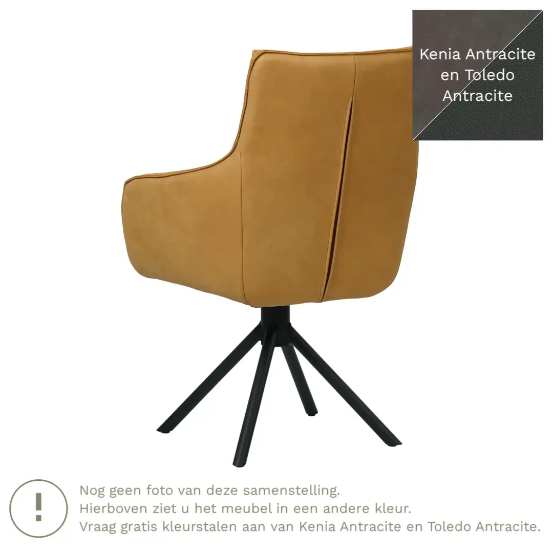 afbeelding van Leren draaibare eetkamerstoel Fancy Duo - Kenia Antracite en Toledo Antracite - Spinpoot staal rond zwart
