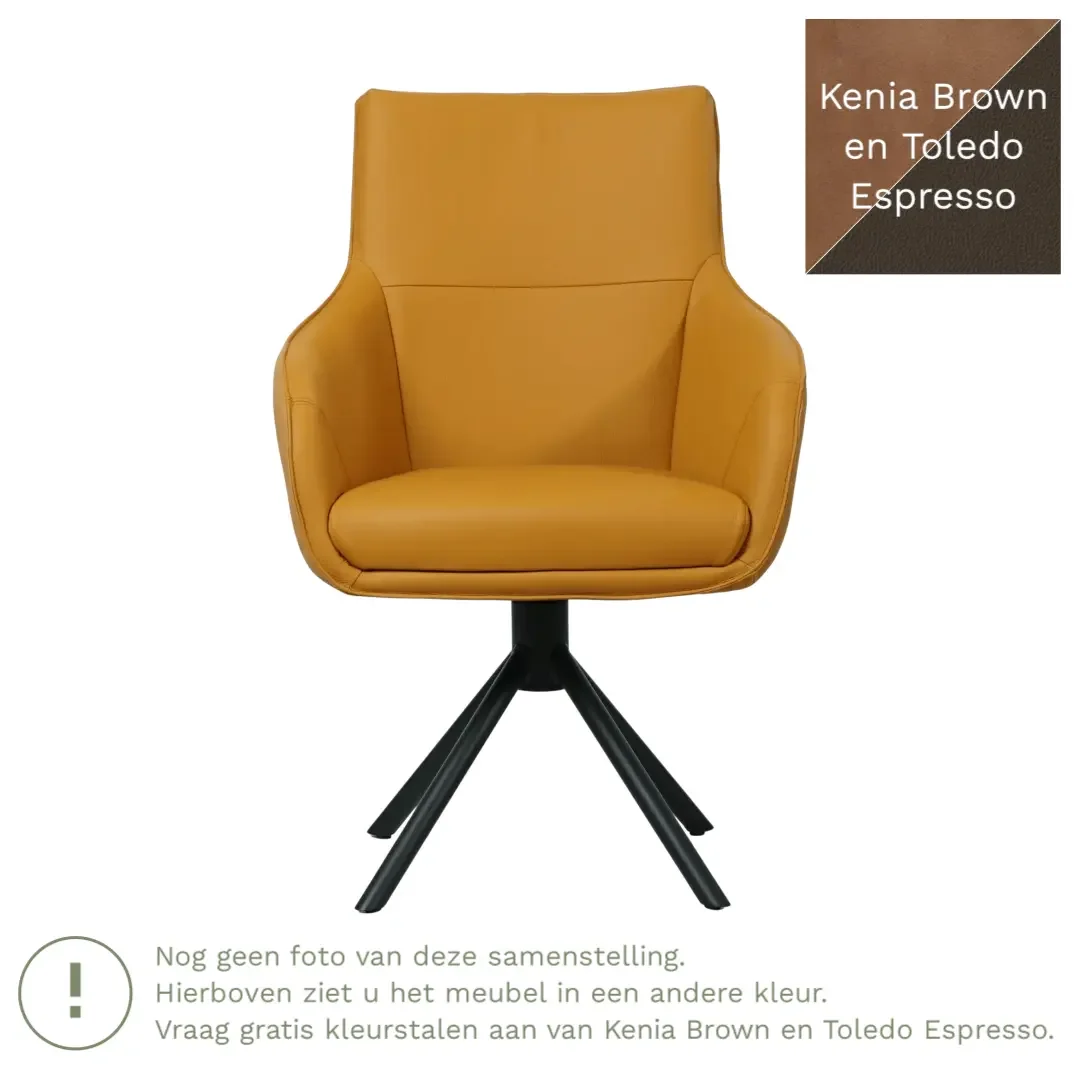 afbeelding van Leren draaibare eetkamerstoel Fancy Duo - Kenia Brown en Toledo Espresso - Spinpoot staal rond zwart
