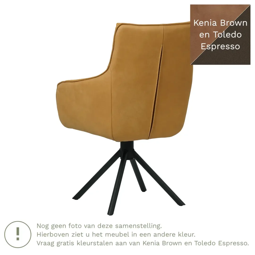 afbeelding van Leren draaibare eetkamerstoel Fancy Duo - Kenia Brown en Toledo Espresso - Spinpoot staal rond zwart