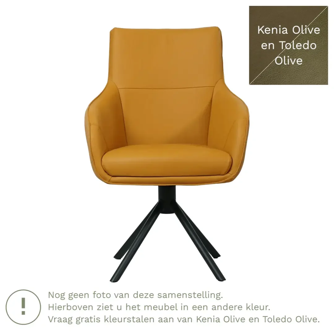 afbeelding van Leren draaibare eetkamerstoel Fancy Duo - Kenia Olive en Toledo Olive - Spinpoot staal rond zwart
