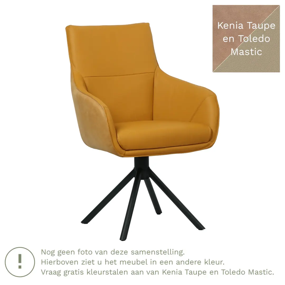 afbeelding van Leren draaibare eetkamerstoel Fancy Duo - Kenia Taupe en Toledo Mastic - Spinpoot staal rond zwart